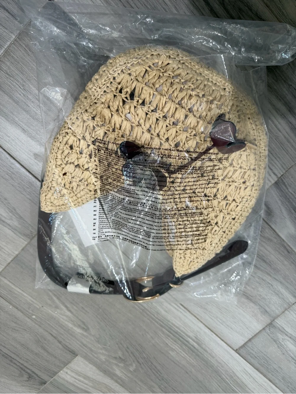 H&M Natural Straw Crescent Shoulder Bag with Dark Brown Trim